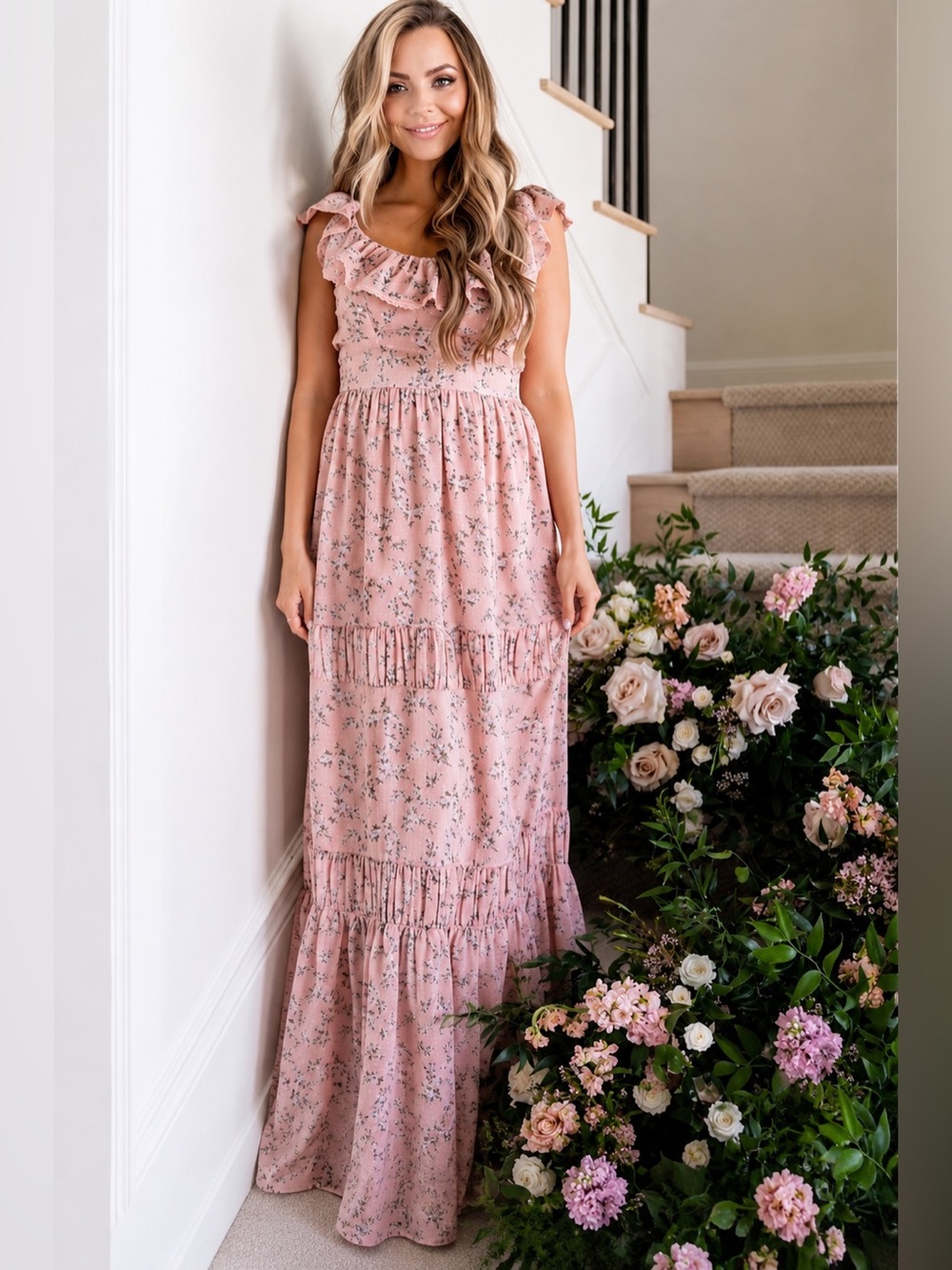 Vici Pink Floral Ruffle Maxi Dress